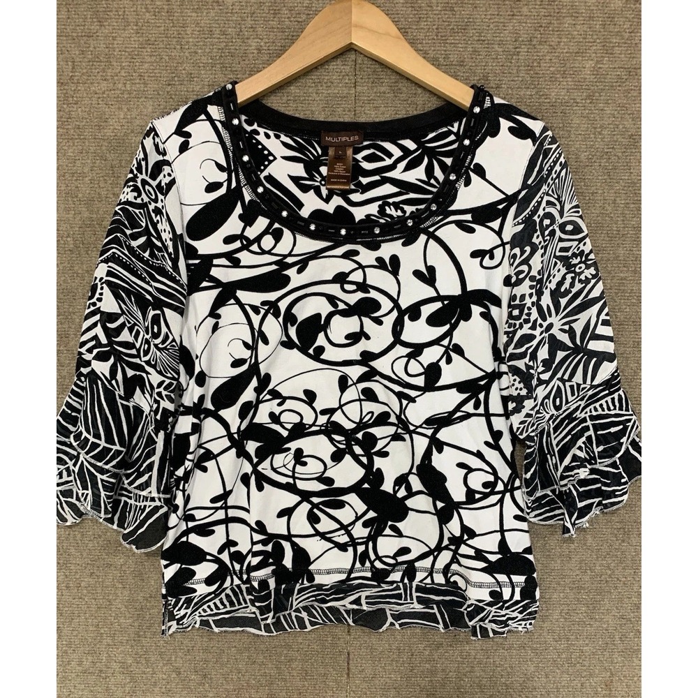 Women's Large Black White Floral Blouse Sheer Sleeves Y2K Artsy Whimsygoth Top